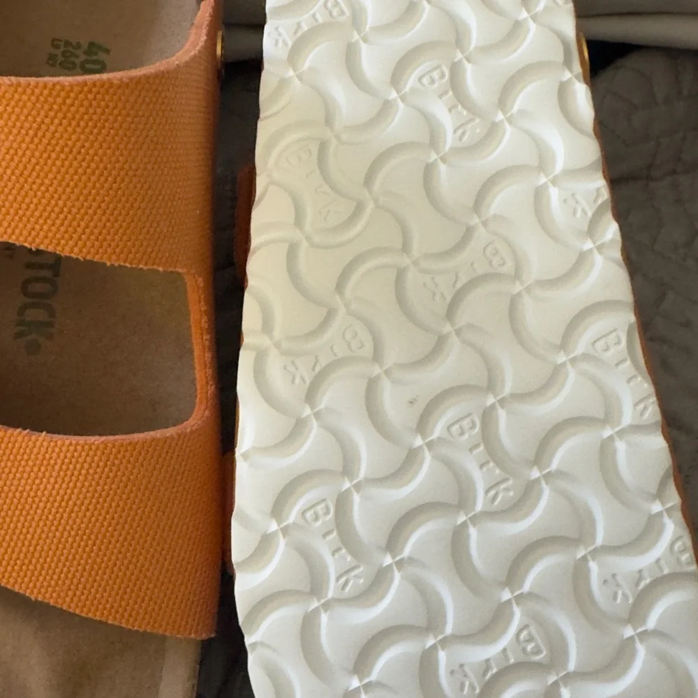 Birkenstock Bright Orange Sandals with Gold Big Buckles - Picture 2 of 5